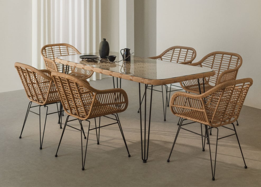 Rectangular 180x90 cm dining table set in Leribert synthetic wicker and 6 dining chairs in Zole synthetic wicker