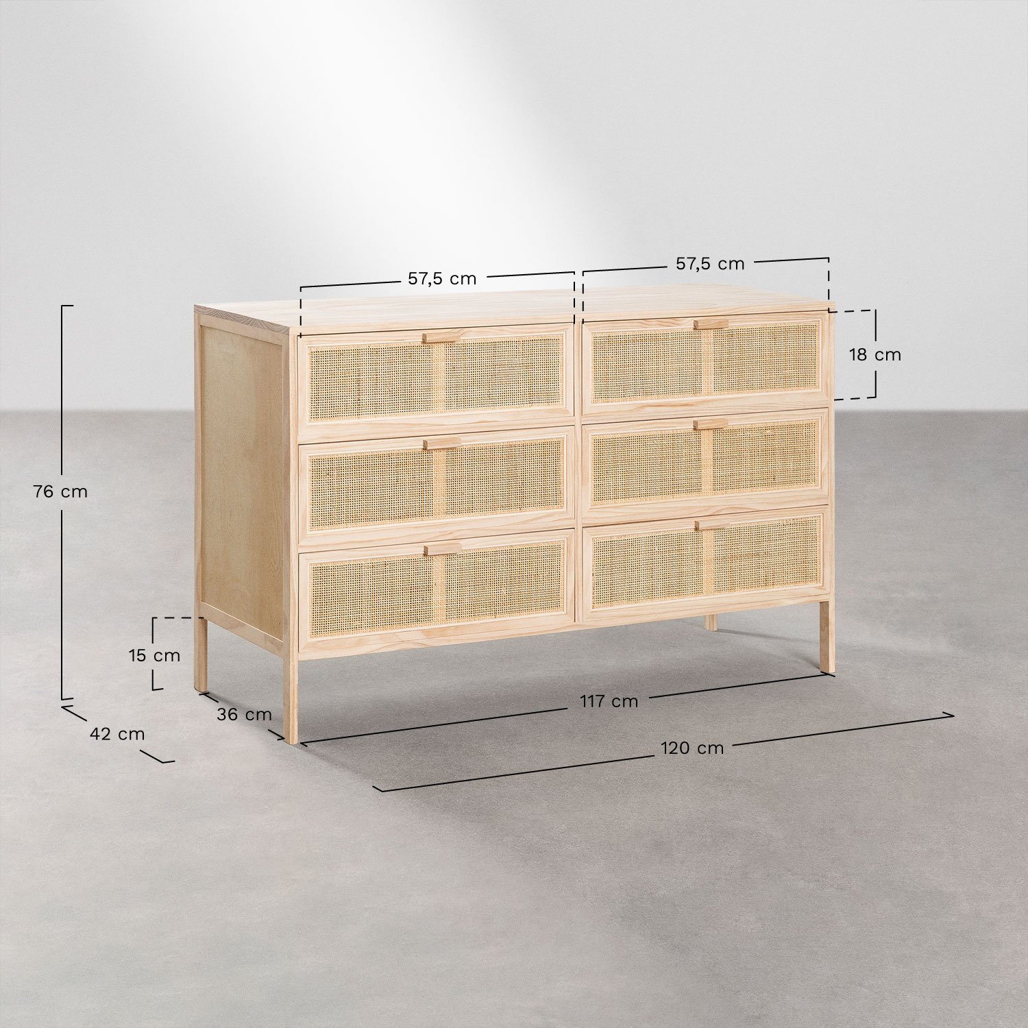 Rattan and Wood Chest of Drawers Reyna Natural Kids, MEASURES