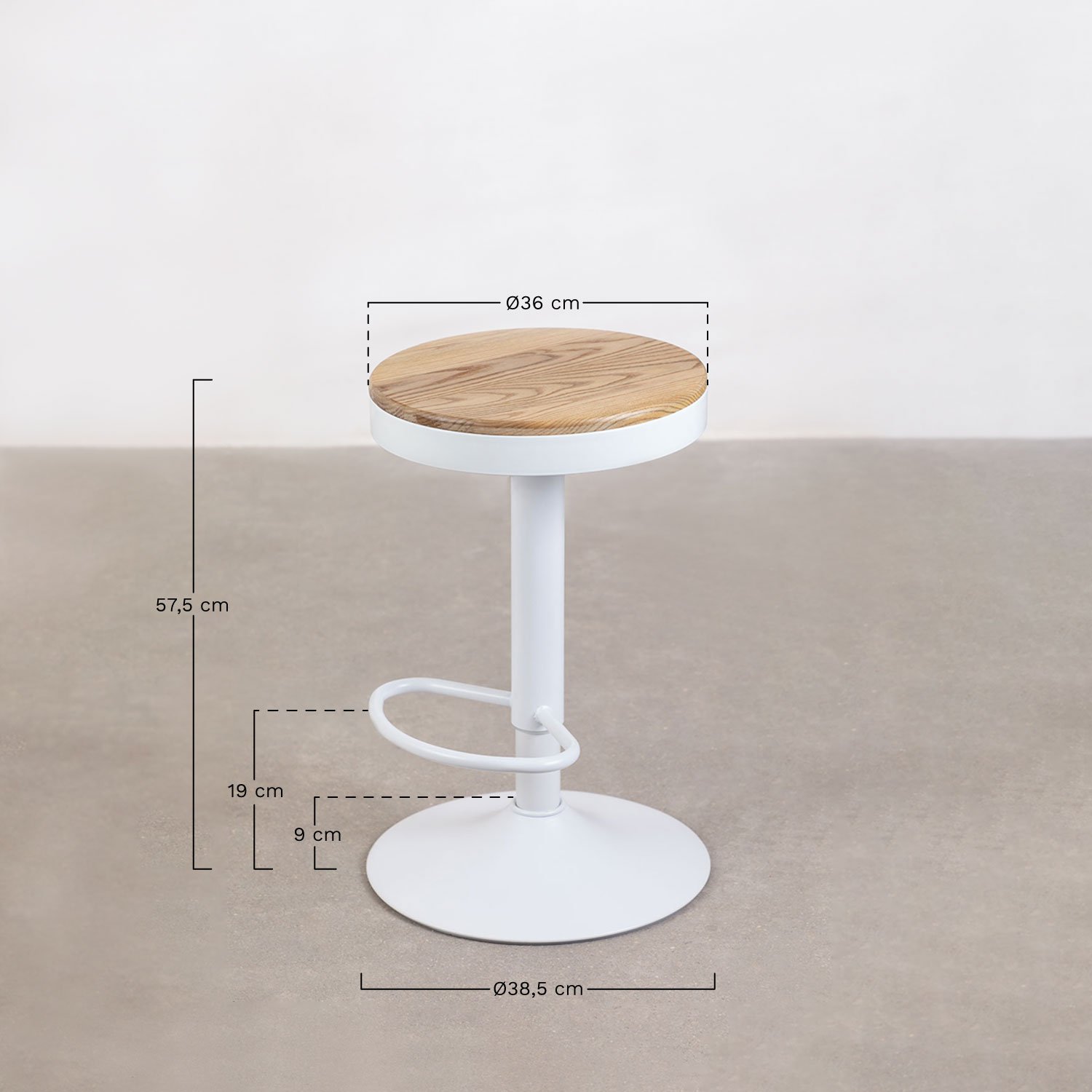 Bardder Adjustable High Stool in Steel and Elm Wood, MEASURES