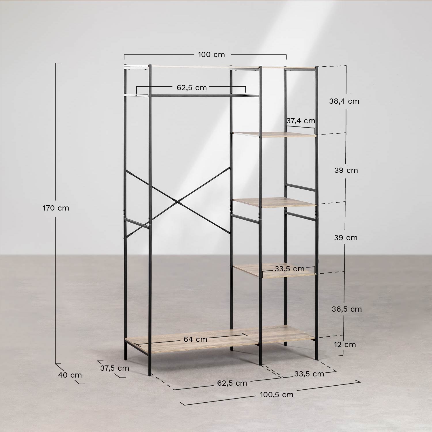 Open wooden and metal cabinet Baxter, MEASURES