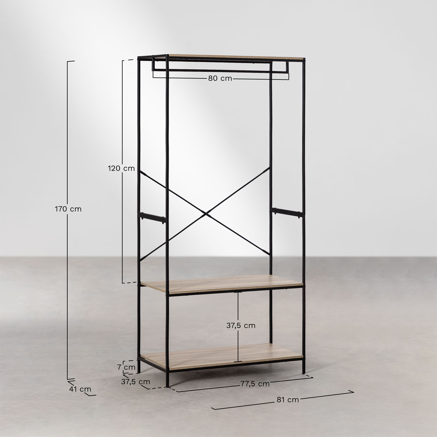 Open cabinet with shelves in wood and metal Baxter, MEASURES