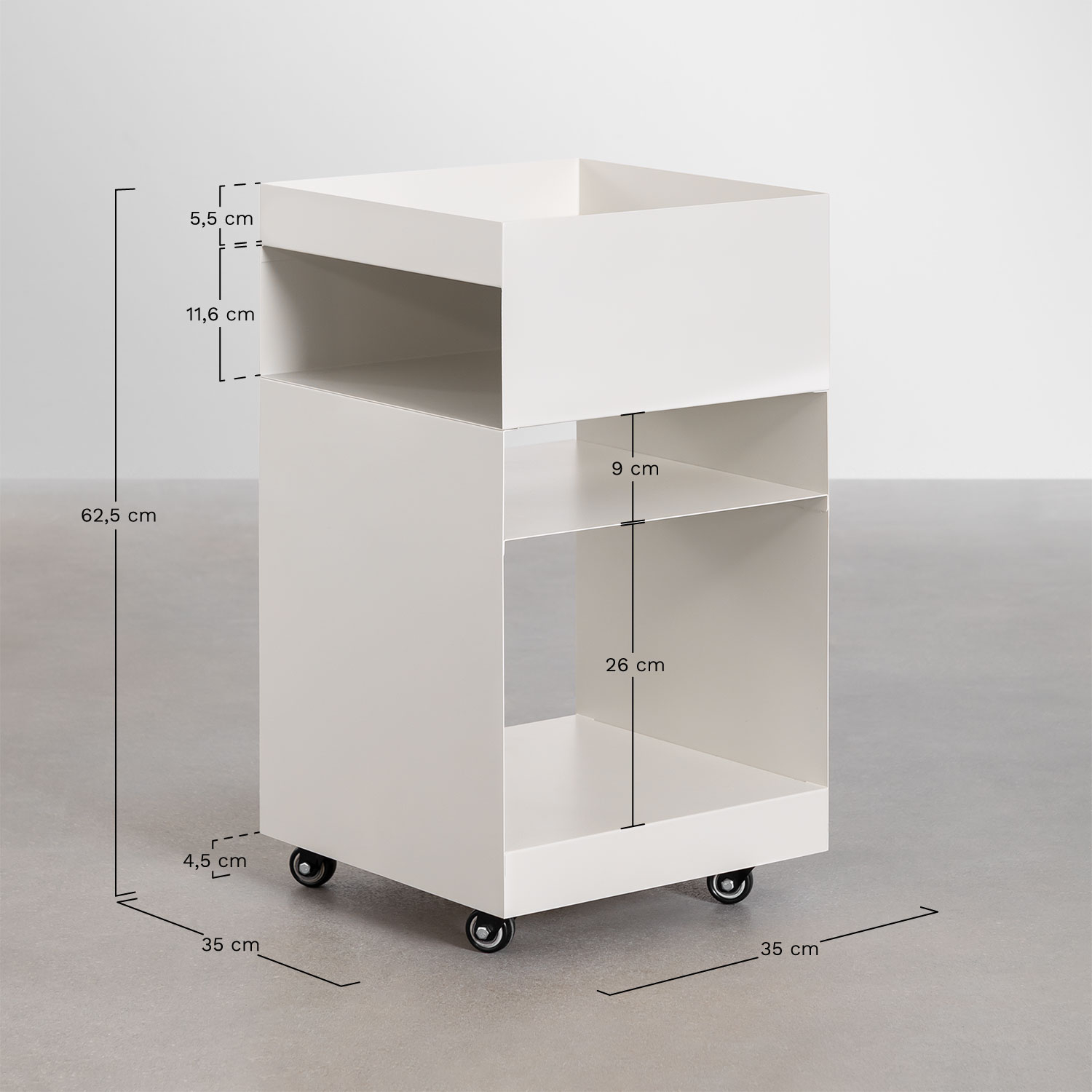 Rodgers square side table 35x35 cm with wheels and steel shelves, MEASURES