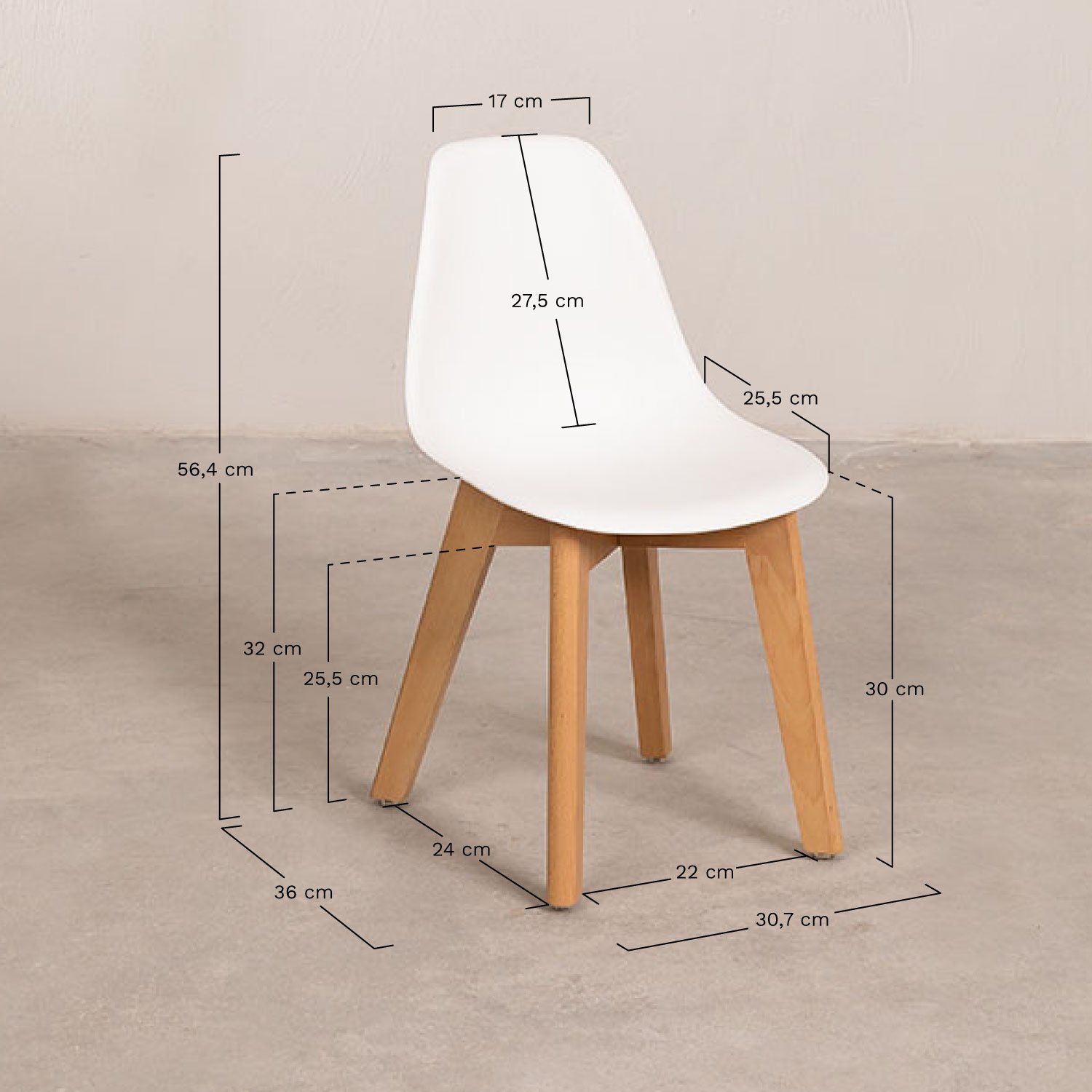 Scand Nordic Kids polypropylene and beech wood chair, MEASURES