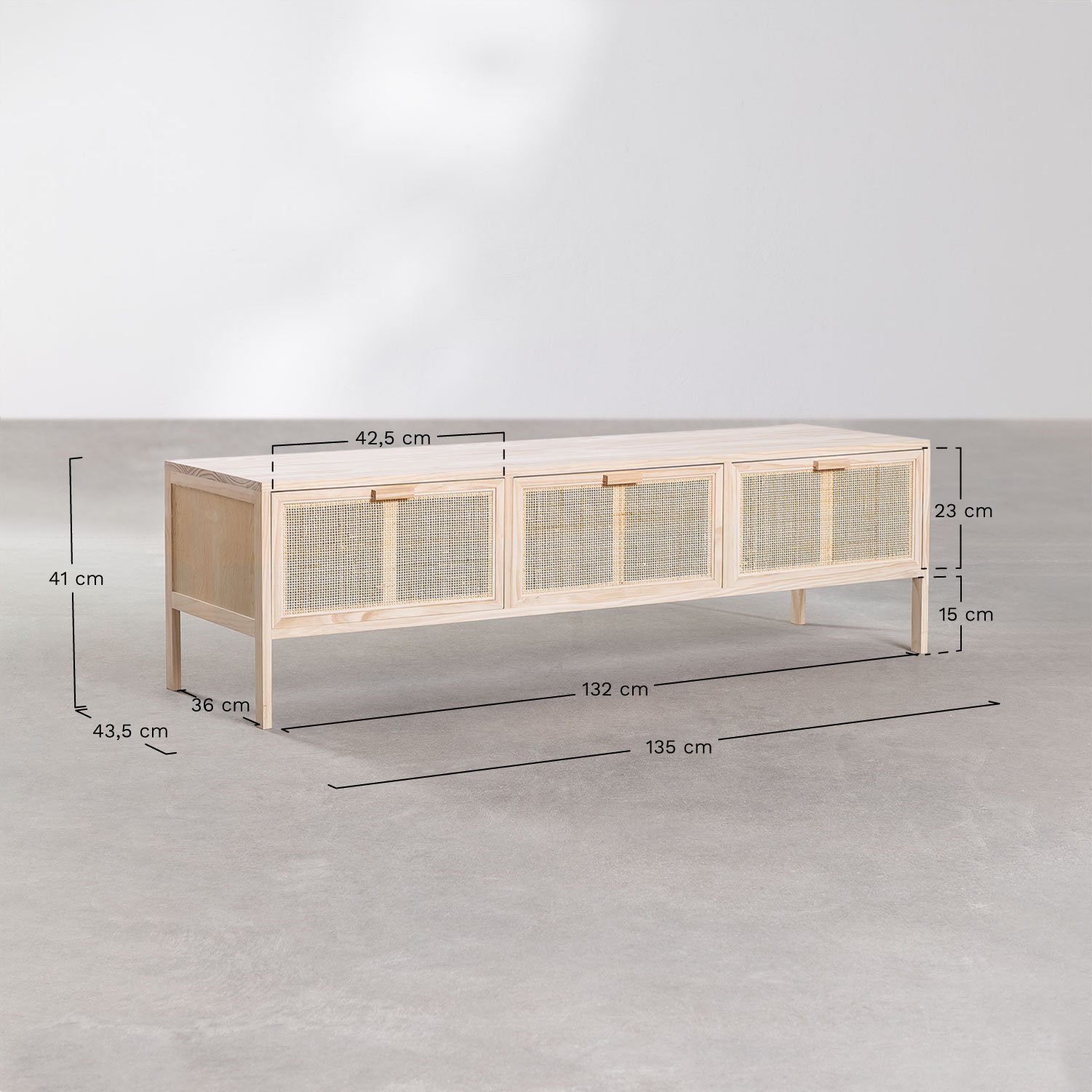 Reyna rattan and wood TV stand, MEASURES