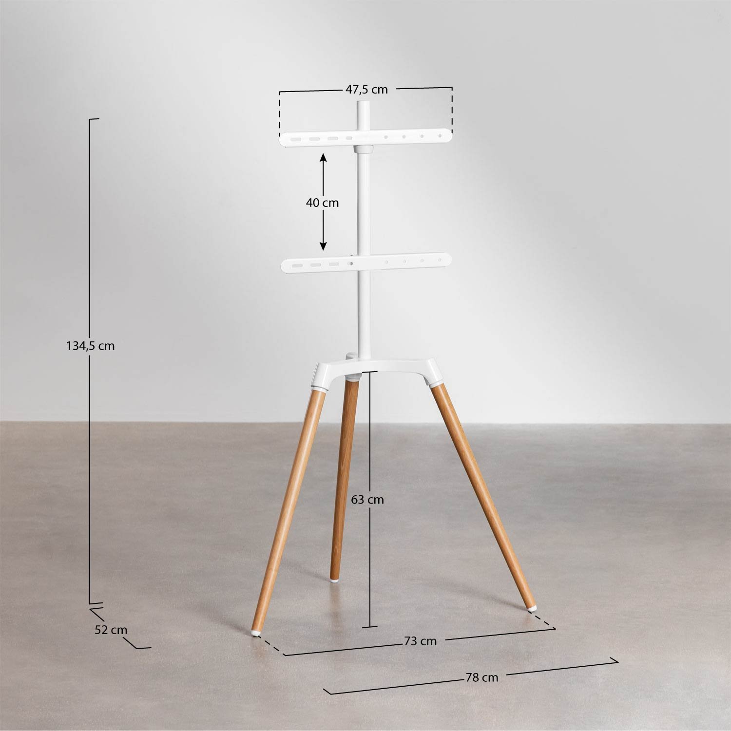 Rouben steel and wood TV tripod floor stand, MEASURES