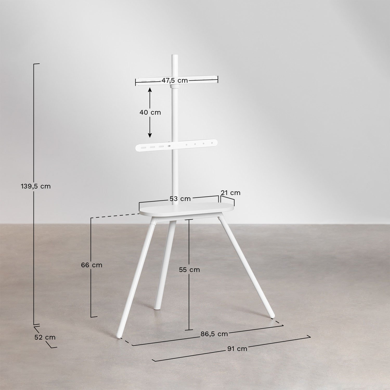 Franzier steel and wood tripod TV stand, MEASURES