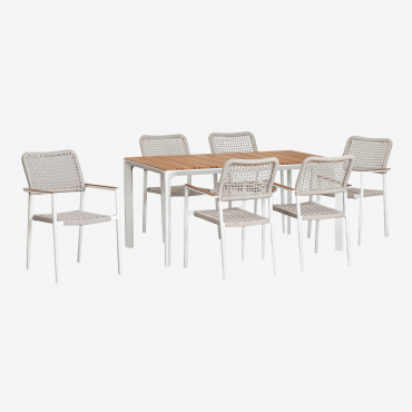 Rectangular Table Set In Aluminum And Teak Wood (160x90 Cm) Katiana And 6 Chairs In Aluminum And Braided Rope Nediam White - Sklum