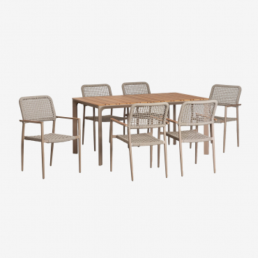 Rectangular Table Set In Aluminum And Teak Wood (160x90 Cm) Katiana And 6 Chairs In Aluminum And Braided Rope Nediam Brown Moka - Sklum