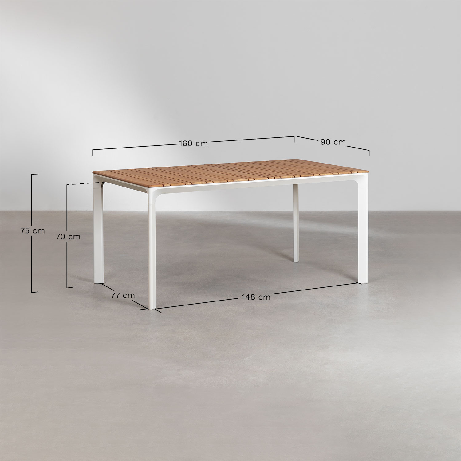 Rectangular Table Set in Aluminum and Teak Wood (160x90 cm) Katiana and 6 Chairs in Aluminum and Braided Rope Nediam, MEASURES