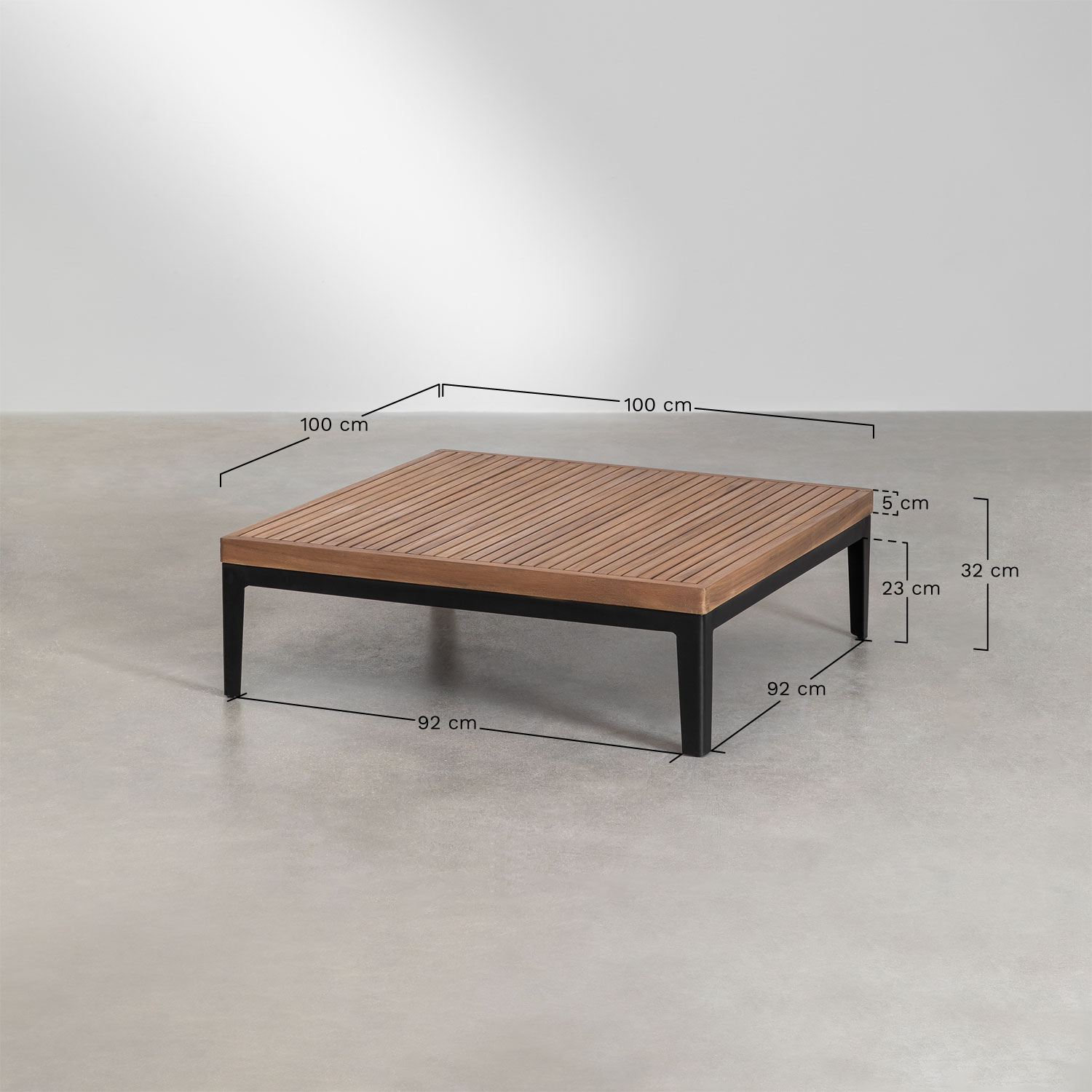 Square garden coffee table 100x100 cm in aluminum and acacia wood Taranis, MEASURES