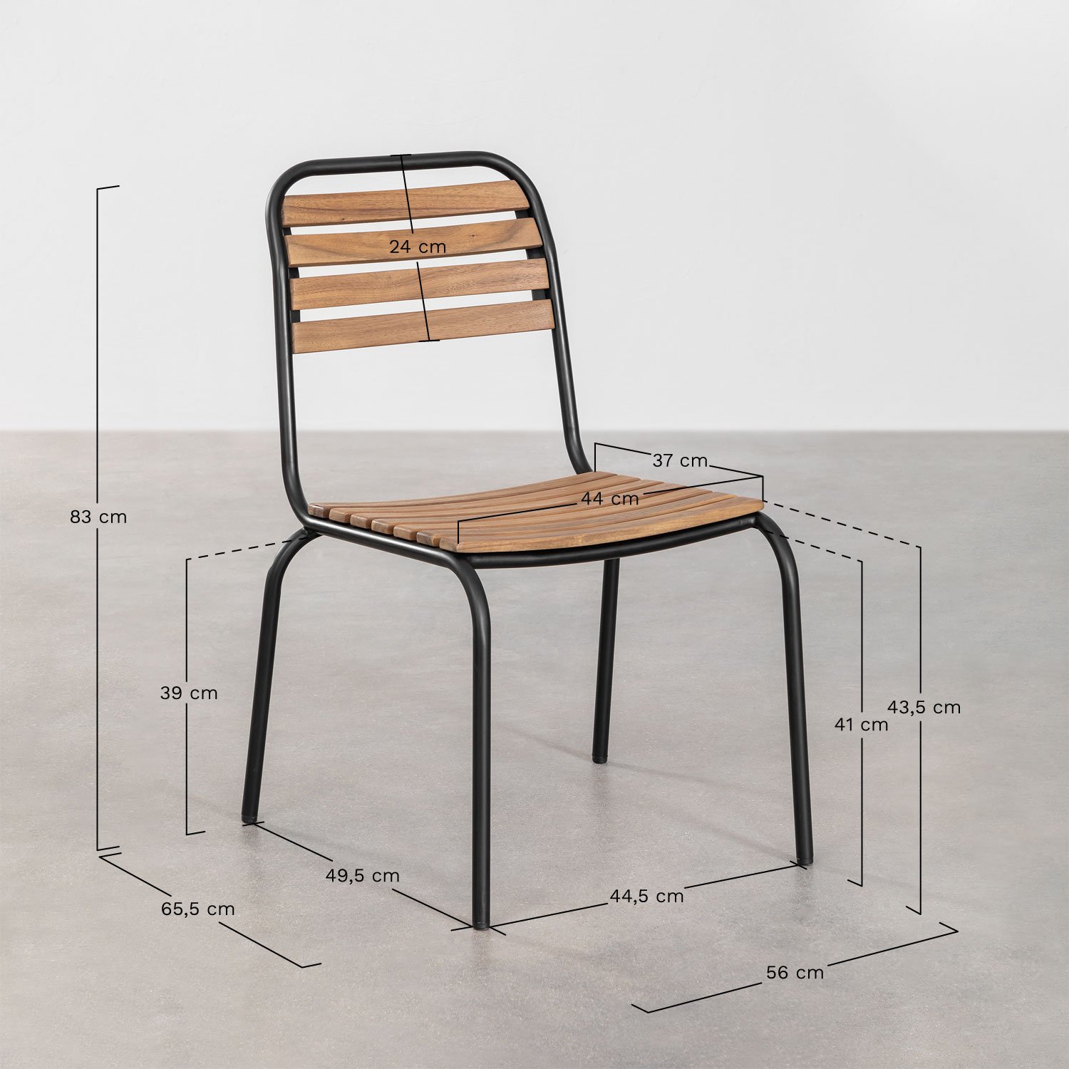 Stackable dining chair in steel and acacia wood Artus, MEASURES