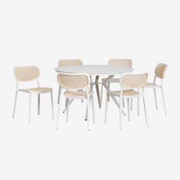 Set Of Round Aluminum Table (ø125 Cm) Valerie And 6 Omara Garden Chairs Gardenia White - Sklum