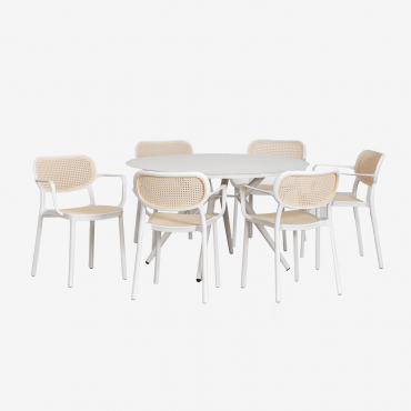 Set Of Round Aluminum Table (ø125 Cm) Valerie And 6 Garden Chairs With Armrests Omara Gardenia White - Sklum