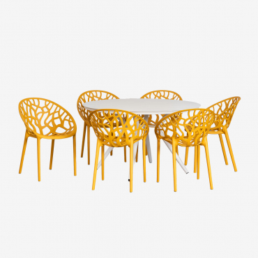 Valerie Ø125 Cm Round Aluminum Table Set And 6 Ores Garden Chairs Mustard - Sklum