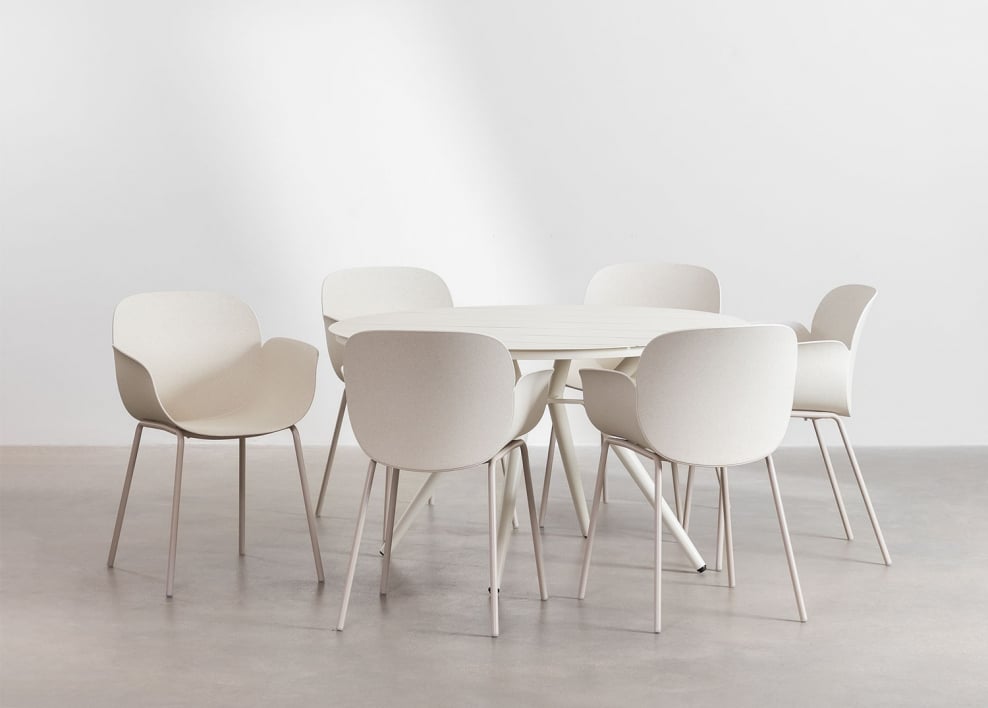 Round table set Ø125 cm in aluminum Valerie and 6 garden chairs in polypropylene and steel Lynette