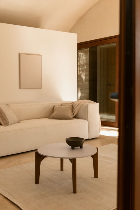 Round coffee table in cement and acacia wood Xajul