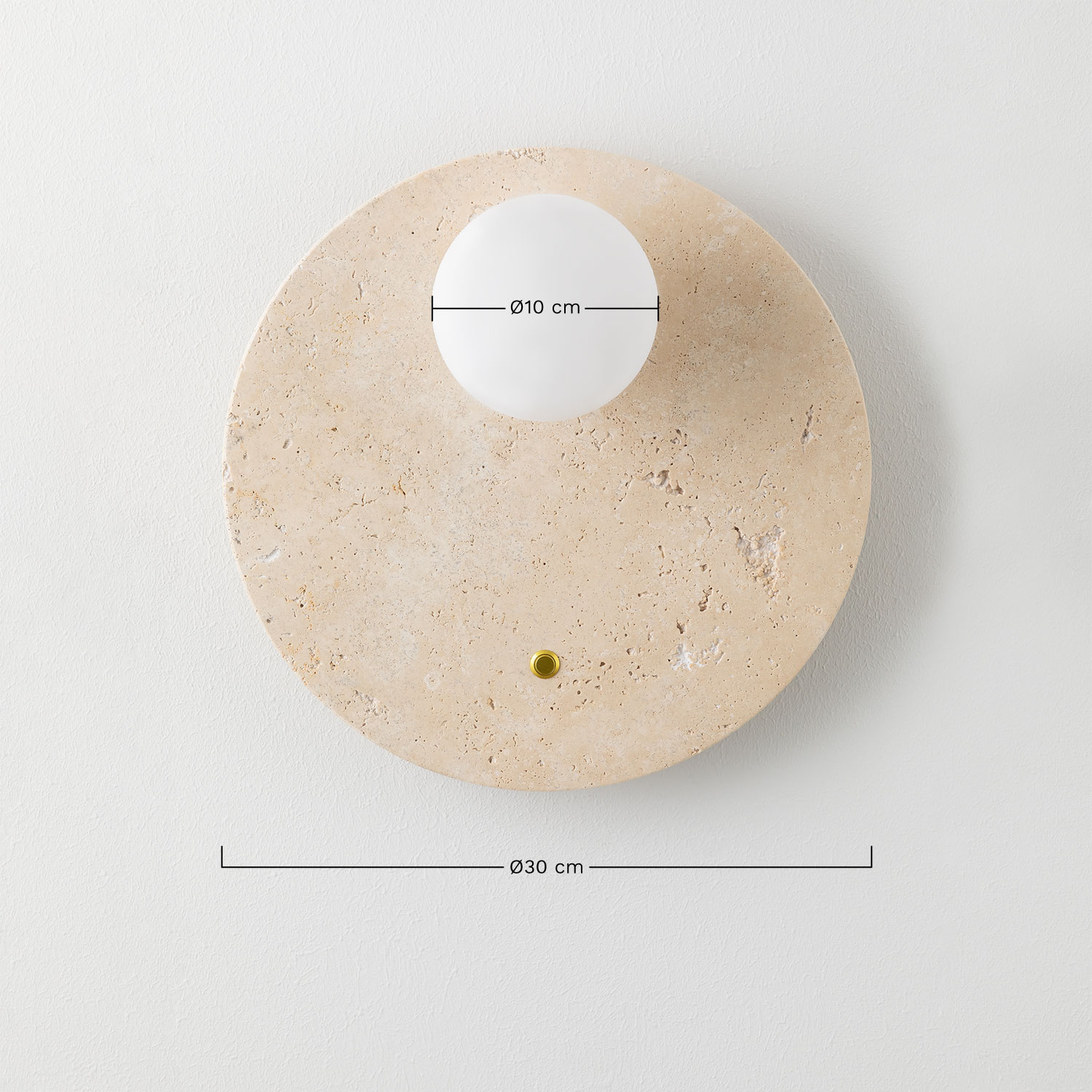 Davise Ø30 cm wall lamp in travertine with glass globe, MEASURES