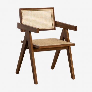 Lali Ash Wood And Rattan Dining Chair With Armrests Dark Brown Wood - Sklum
