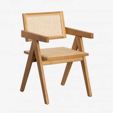 Lali Ash Wood And Rattan Dining Chair With Armrests Natural Wood - Sklum