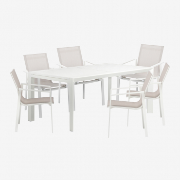Rectangular Table Set 180-240x100 Cm Extendable In Aluminum Starmi And 6 Eika Garden Chairs Gardenia White - Sklum