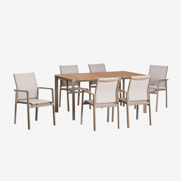 Katiana Rectangular Table Set In Aluminum And Teak Wood (160x90 Cm) And 6 Aluminum Garden Chairs Elvira Brown Frappé - Sklum