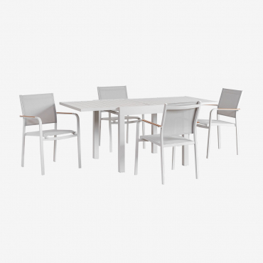 Rectangular Table Set 90-180x90 Cm Extendable In Aluminum Starmi And 4 Stackable Garden Chairs In Aluminum Archer Gardenia White - Sklum