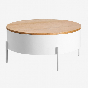 Round Elevating Coffee Table In Wood And Steel (ø80 Cm) Tainara White - Brown Oak - Sklum
