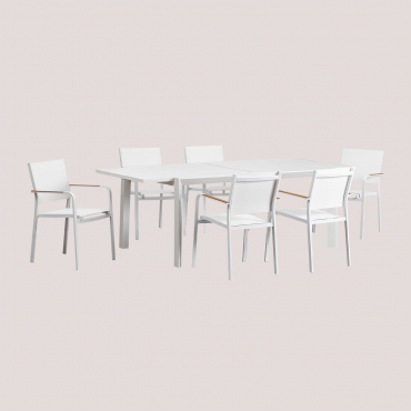 Rectangular Table Set 180x240-100 Cm Extendable Starmi And 6 Stackable Aluminum Garden Chairs Archer Gardenia White - Sklum