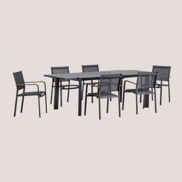 Starmi Rectangular Extendable Table Set, 180x240-100 Cm, And 6 Stackable Archer Aluminum Garden Chairs. Grey Graphite - Sklum