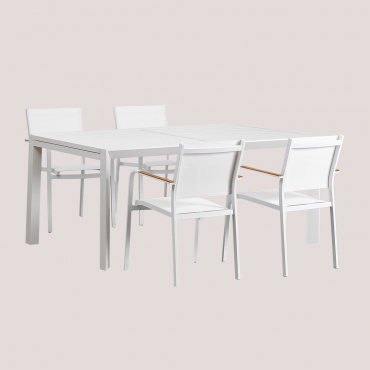 Rectangular Table Set 180-240x100 Cm Extendable In Aluminum Starmi And 4 Stackable Garden Chairs In Aluminum Archer Gardenia White - Sklum