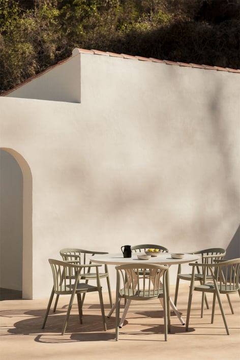 Valerie Ø125 cm round aluminum table set and 6 Ivor polypropylene garden chairs