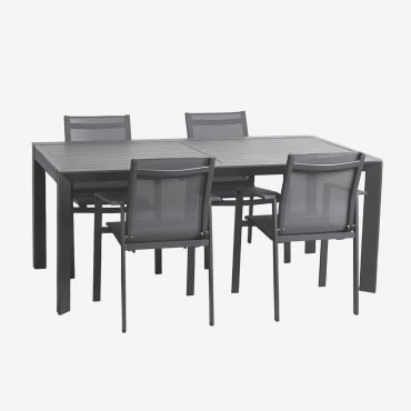 Starmi Rectangular Extendable Table Set, 180-240x100 Cm, Made Of Aluminum And 4 Eika Garden Chairs. Grey Graphite - Sklum