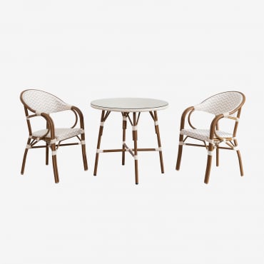Brielle Bistro Set Of 80 Cm Round Table And 2 Stackable Aluminum Garden Chairs With Armrests Nude Beige - Gardenia White - Sklum