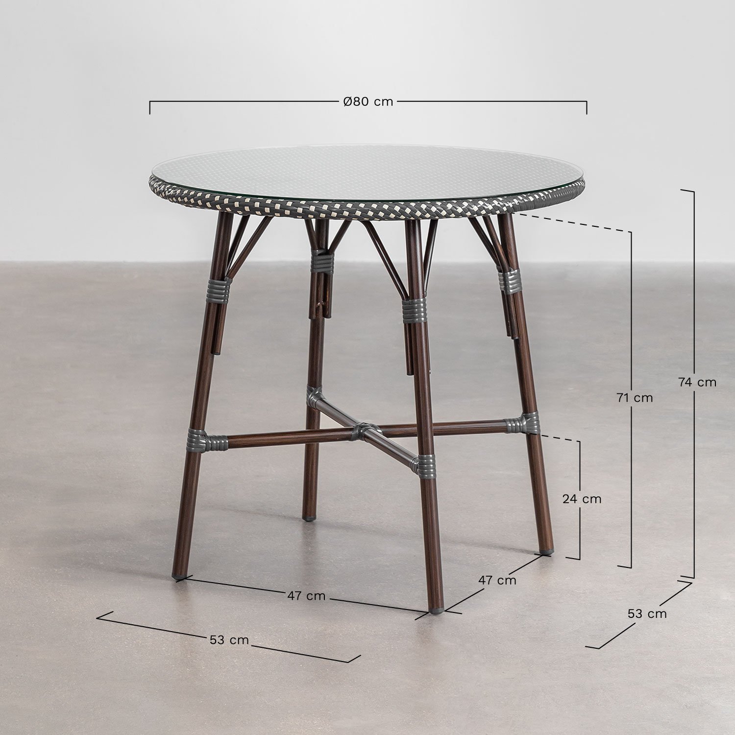 Brielle Bistro round table set (80 cm diameter) and two stackable aluminum garden chairs, MEASURES