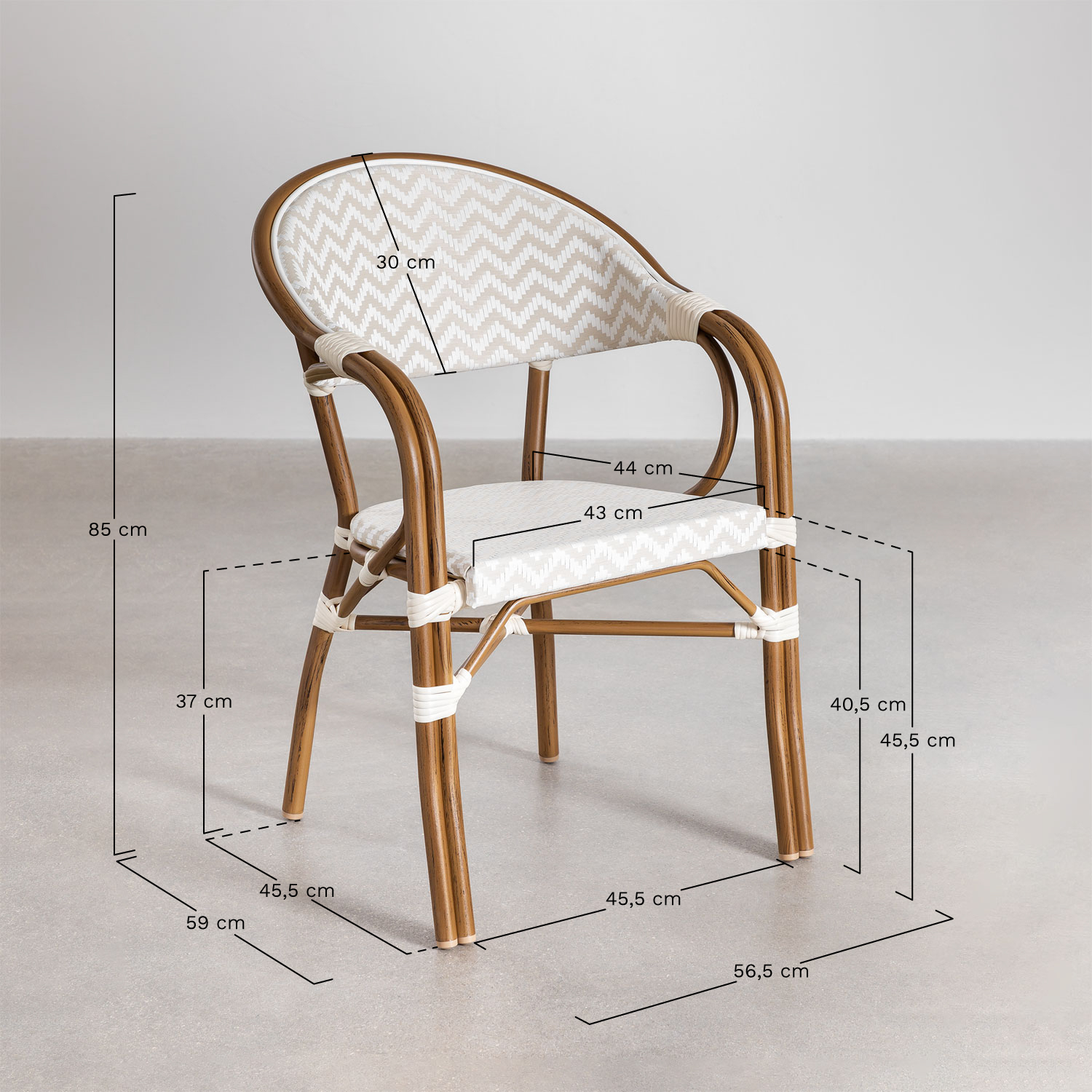 Brielle Bistro round table set, Ø80 cm, and two stackable dining chairs with armrests in aluminium., MEASURES