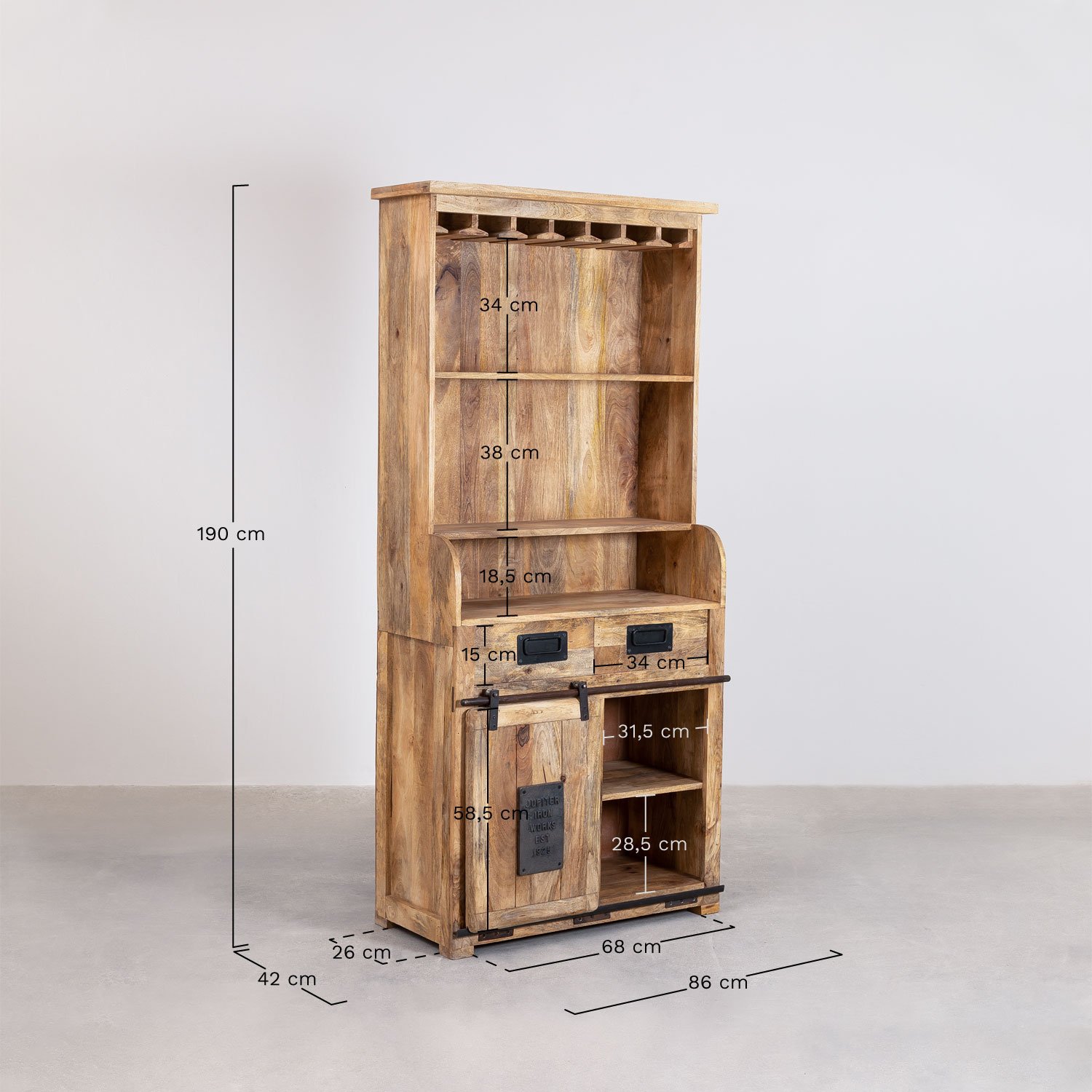 Uain mango wood cabinet with 2 drawers, MEASURES