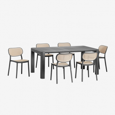 Arnadine Rectangular Table Set (180x100 Cm) And 6 Omara Stackable Dining Chairs Grey Graphite - Sklum