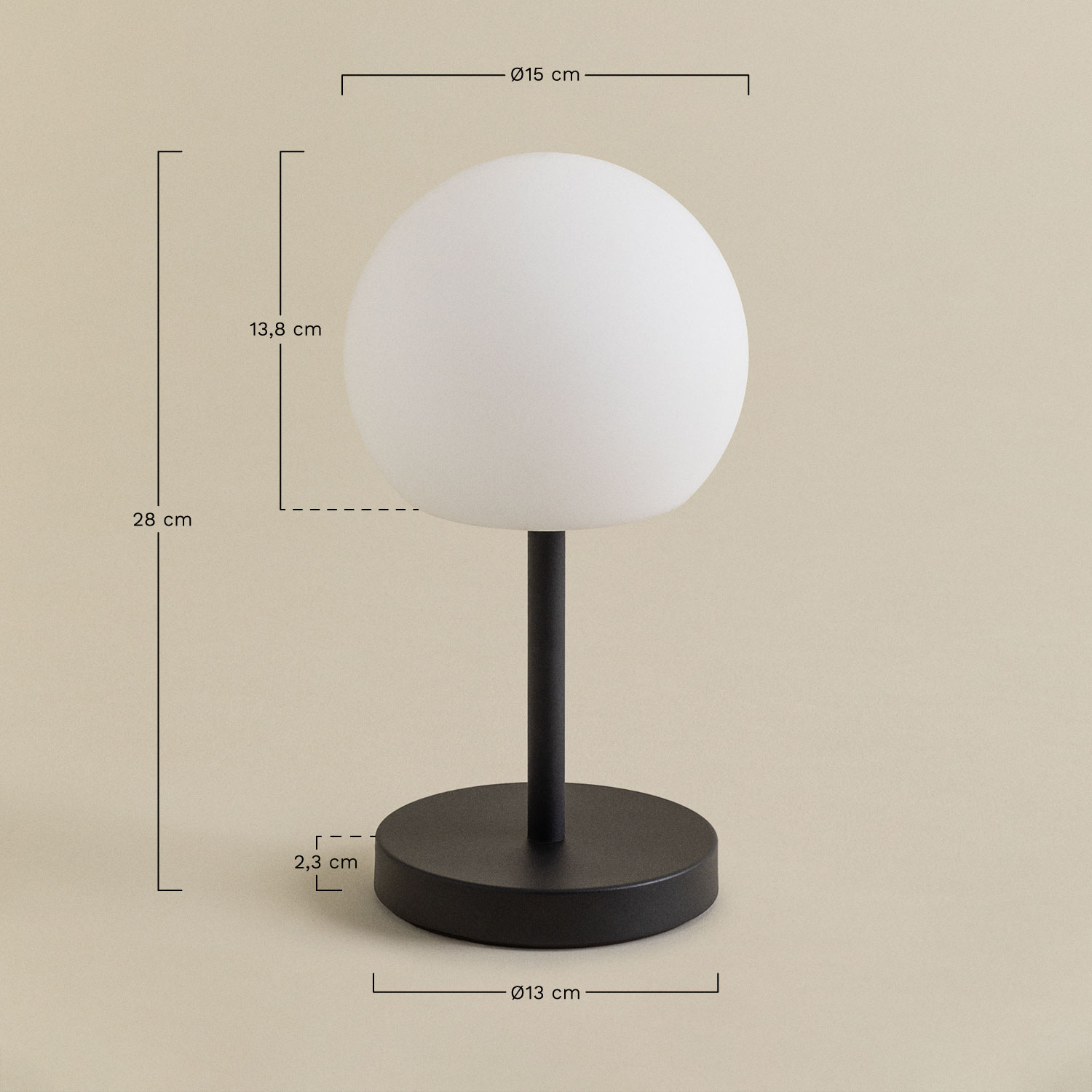 Wireless LED table lamp in iron for outdoor use Kiemery, MEASURES