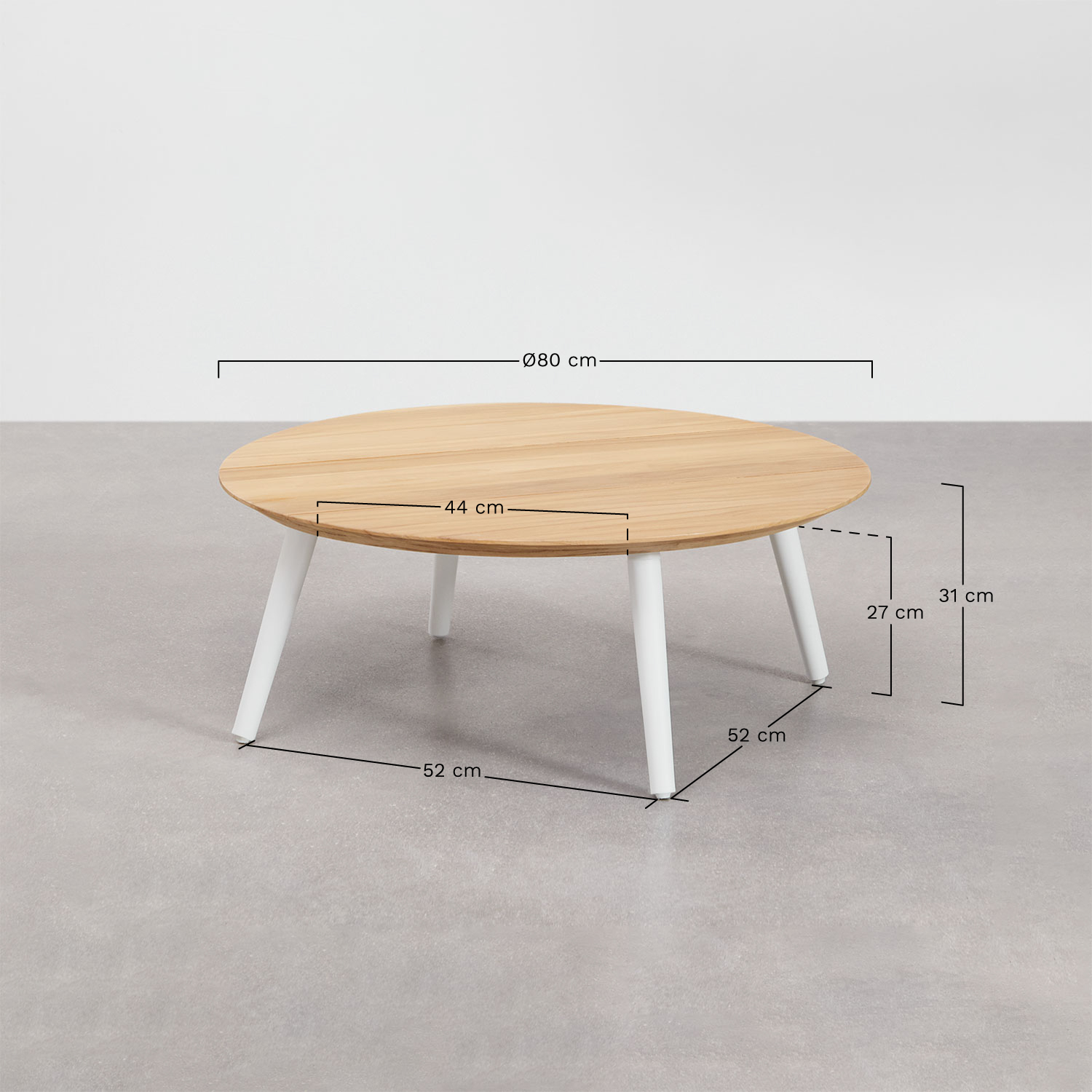 Round garden coffee table Ø80 cm in teak and aluminum Salbury, MEASURES