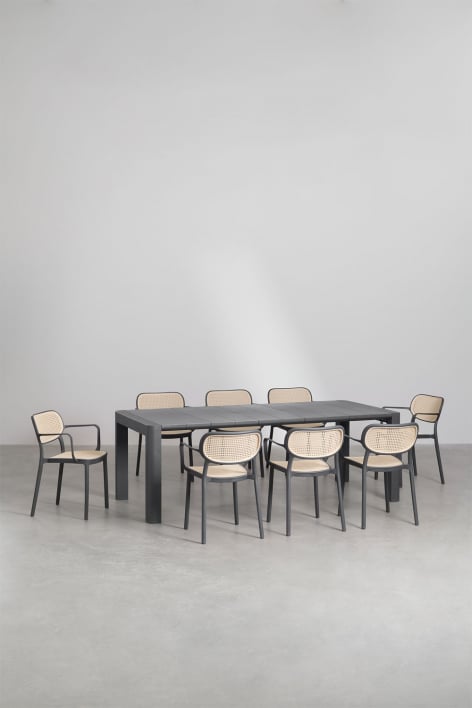 Rectangular table set 220x100 cm Arnadine and 8 stackable garden chairs with armrests in Omara polypropylene