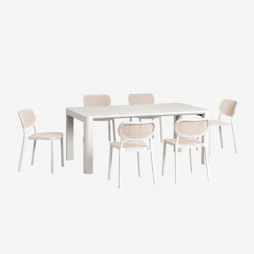 Arnadine 180x100 Cm Rectangular Table Set And 6 Stackable Omara Polypropylene Garden Chairs Gardenia White - Sklum