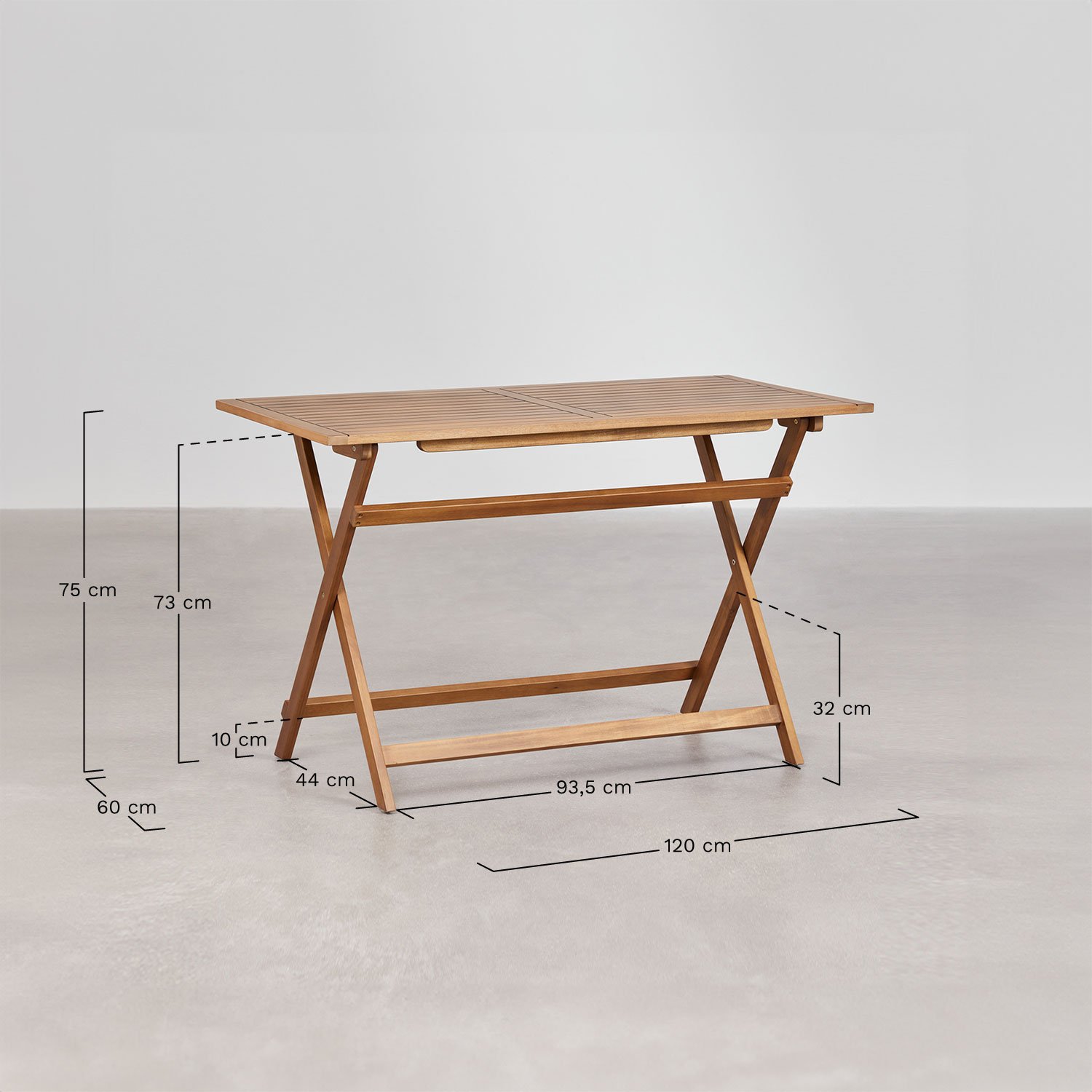 Rectangular garden table 120x60 cm foldable in acacia wood Delawer, MEASURES