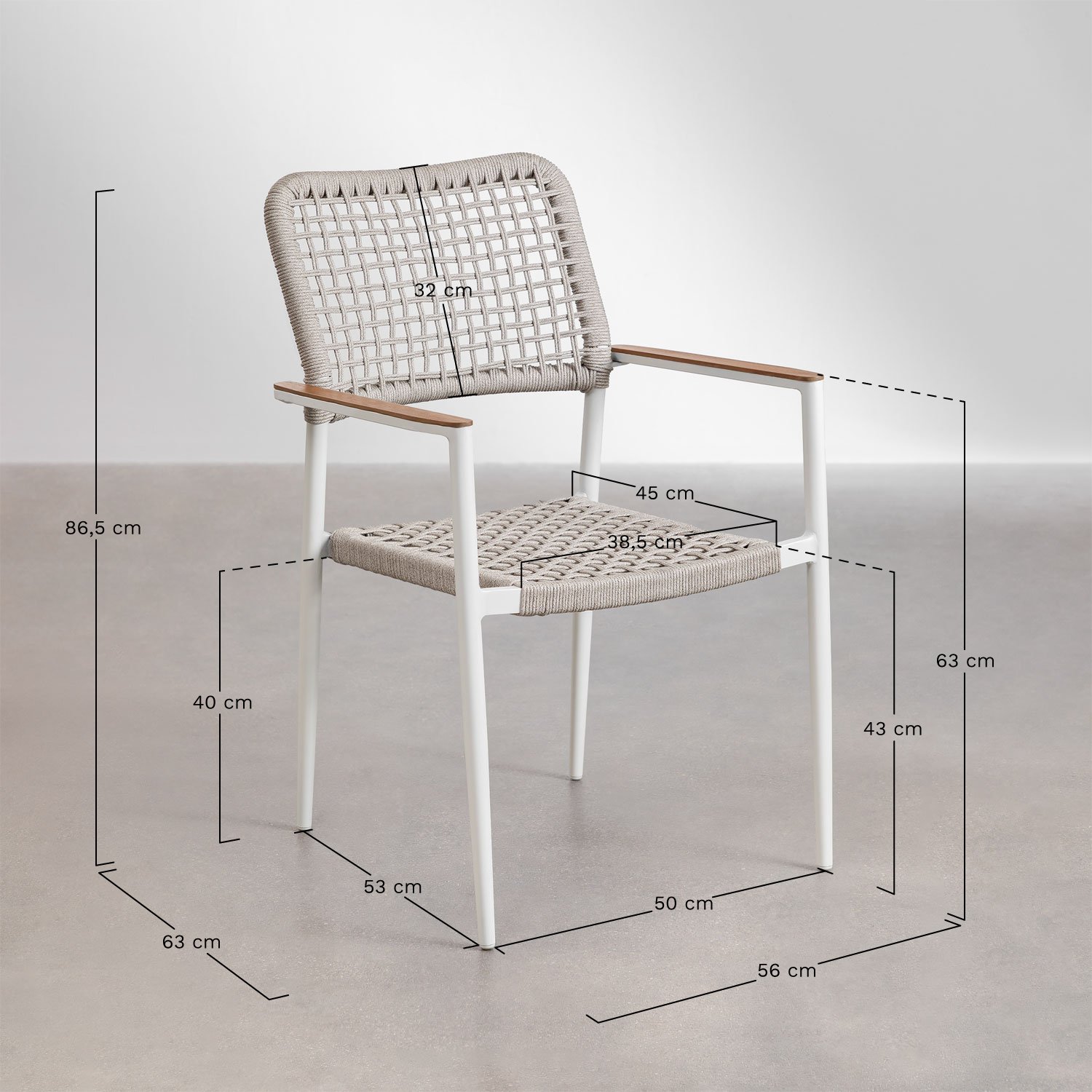 Stackable garden chair with armrests in aluminum and braided rope Nediam, MEASURES