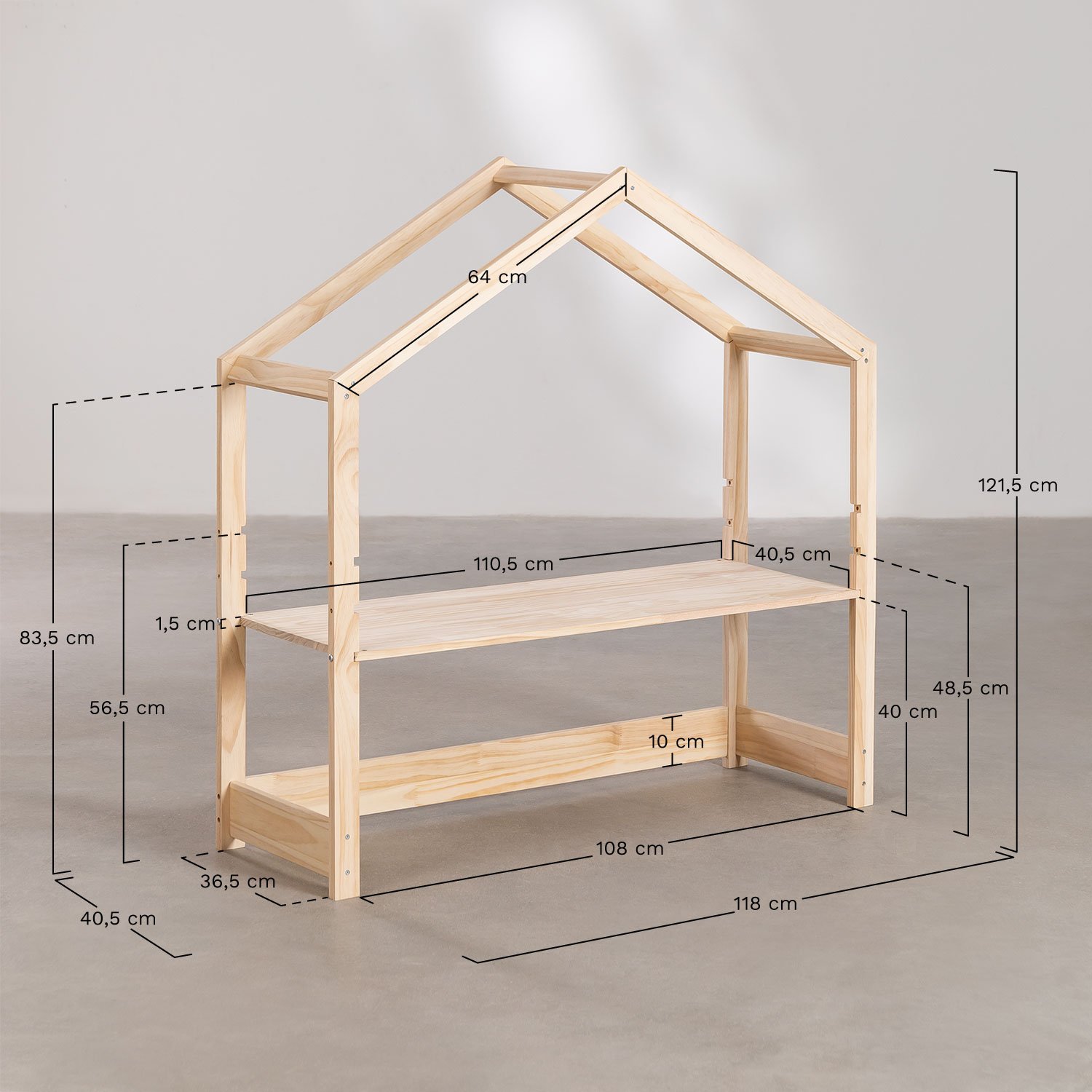 Adjustable height desk in pine wood Study Kids, MEASURES