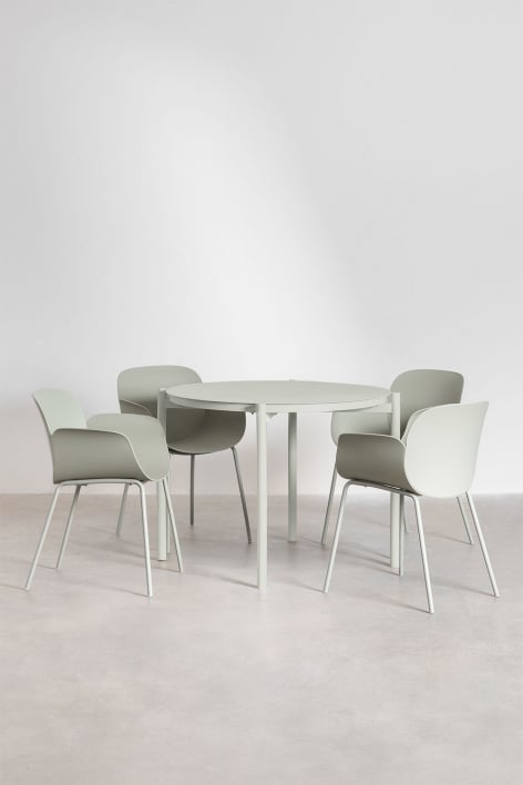 Round table set Ø110 cm in Elton aluminum and 4 dining chairs in polypropylene and Lynette steel - Bamboo Green
