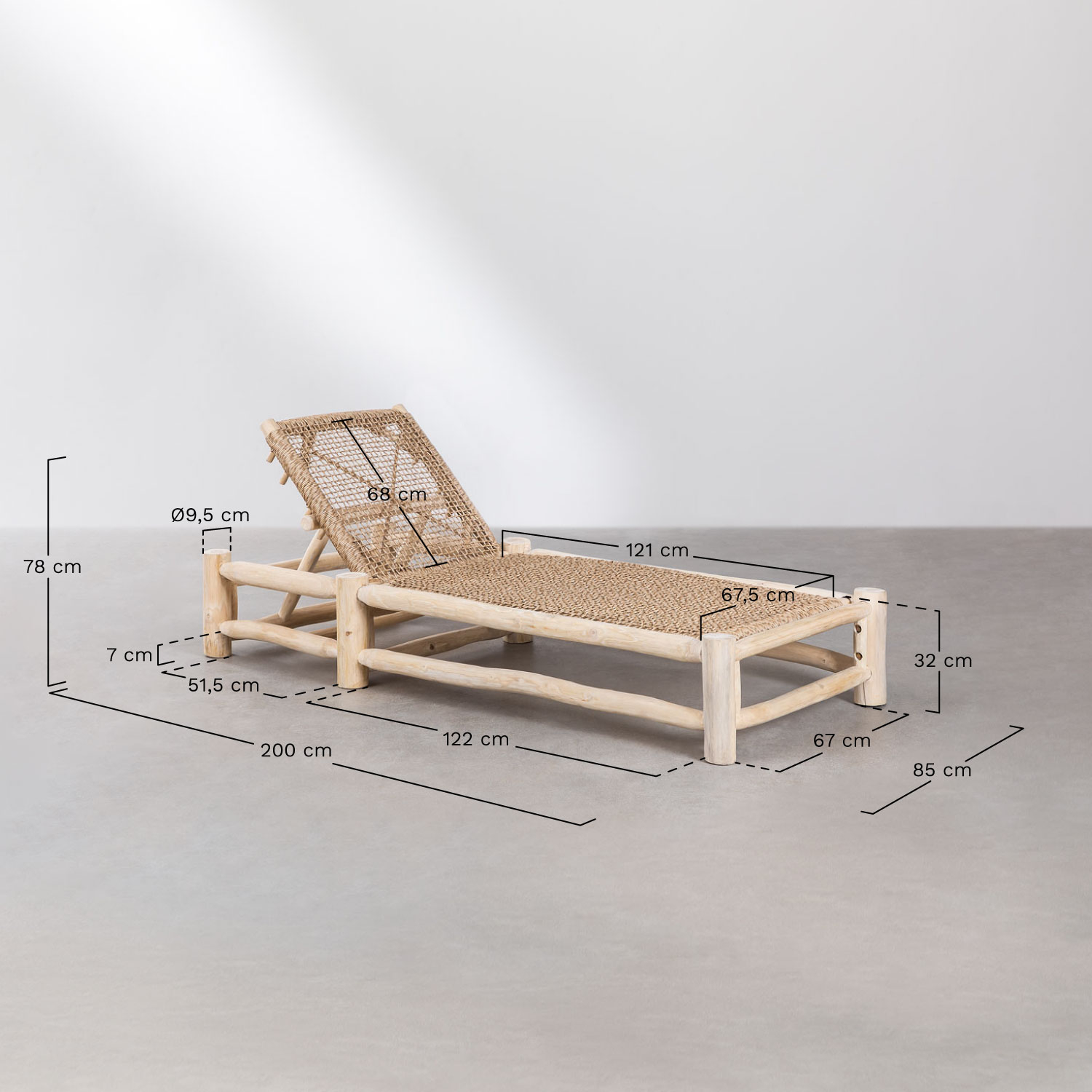 Reclining lounge chair in Bientina teak wood, MEASURES