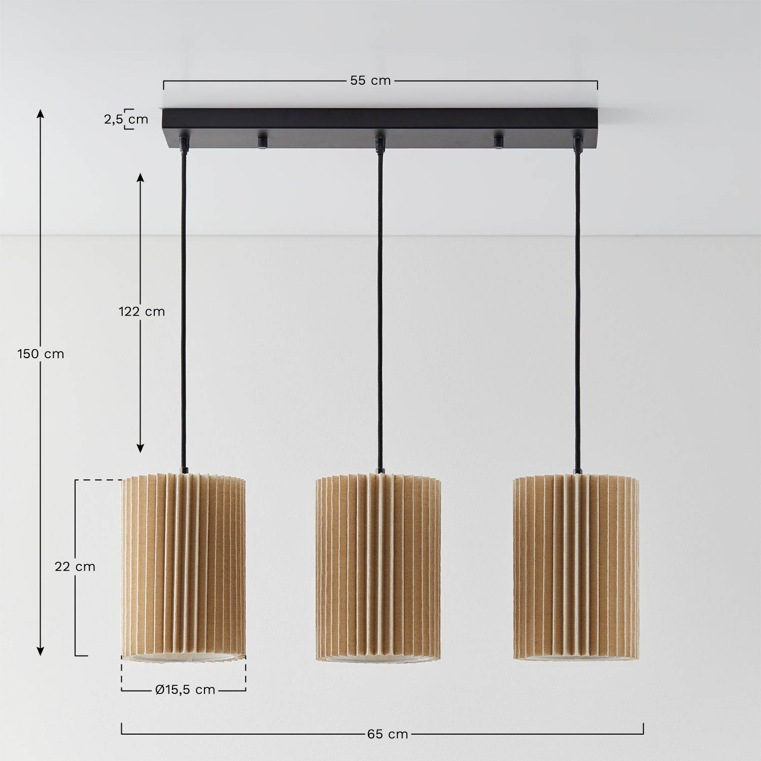 Linen and Metal Ceiling Lamp with 3 Light Points Quintelia, MEASURES