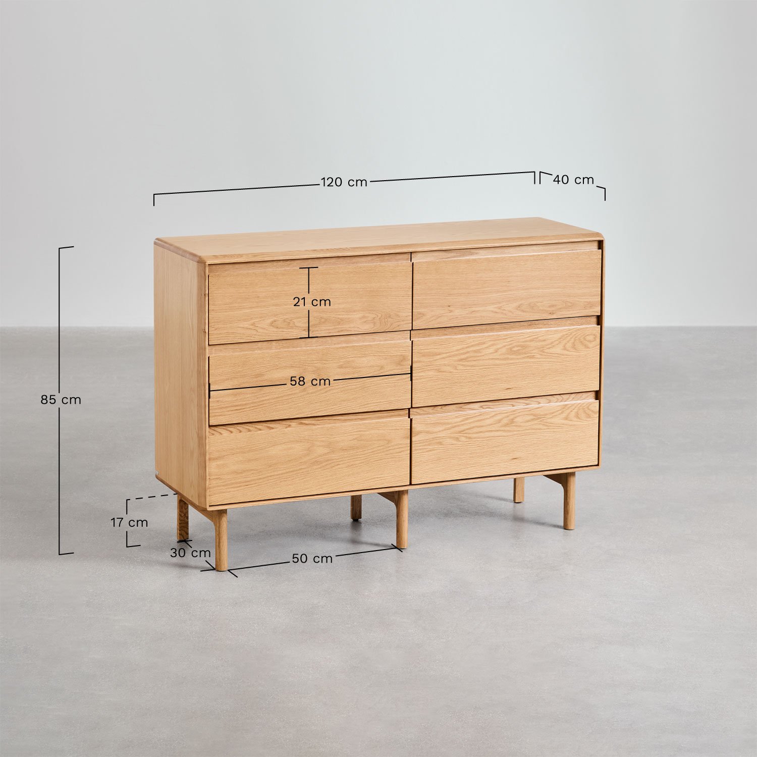 Treveris 6-drawer wooden chest of drawers, MEASURES