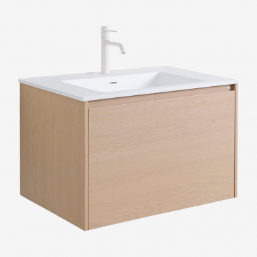 Bathroom Furniture Set In Wood With Integrated Sink Jacob Natural Wood & Mirrorless & White ↑20 Cm With Overflow Drain Valve Orveta - Sklum