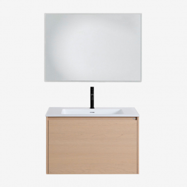 Bathroom Furniture Set In Wood With Integrated Sink Jacob Natural Wood & Rectangular Led And Anti-fog 100x70 Cm Tamsin & Black ↑20 Cm - Sklum